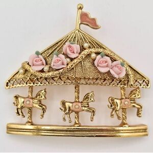 1928 Vintage Carousel Brooch with Pink Roses~80’s
